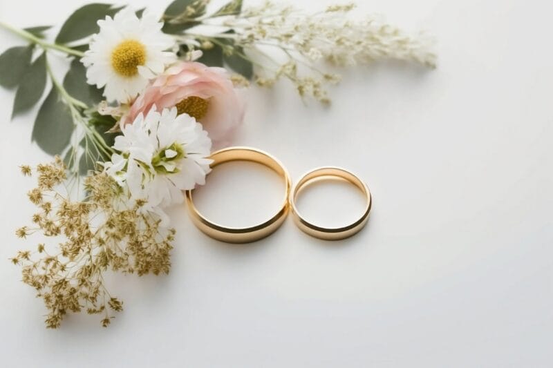 Goldene Eheringe und frische Frühlingsblumen als romantische Dekoration zur Keramikhochzeit.
