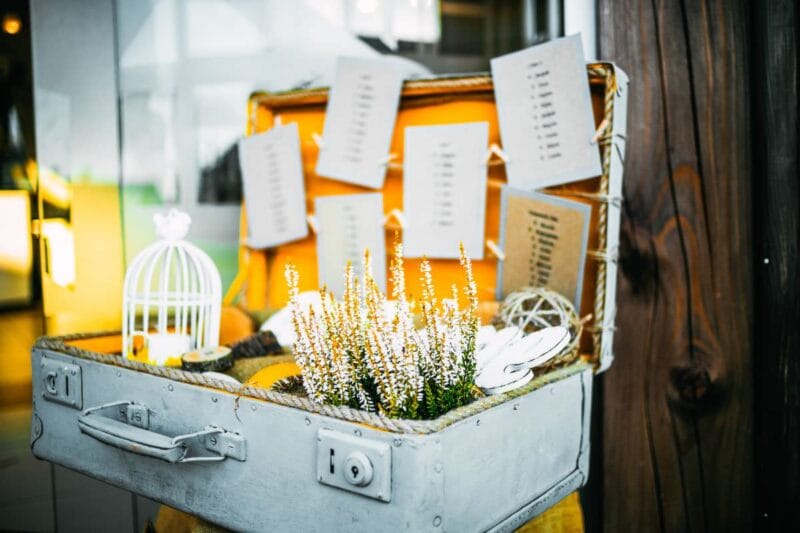 Ein eleganter Notfallkoffer Hochzeit, verpackt in einer stilvollen Tasche mit Blumenarrangement.