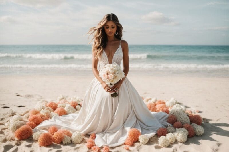 Braut mit Hochzeitsstrauß am Strand, die sich fragt Heiraten ja oder nein.
