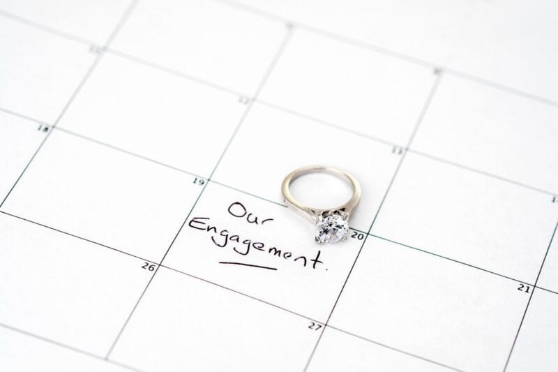 Verlobungsring auf einem Kalender markiert den Hochzeitstermin